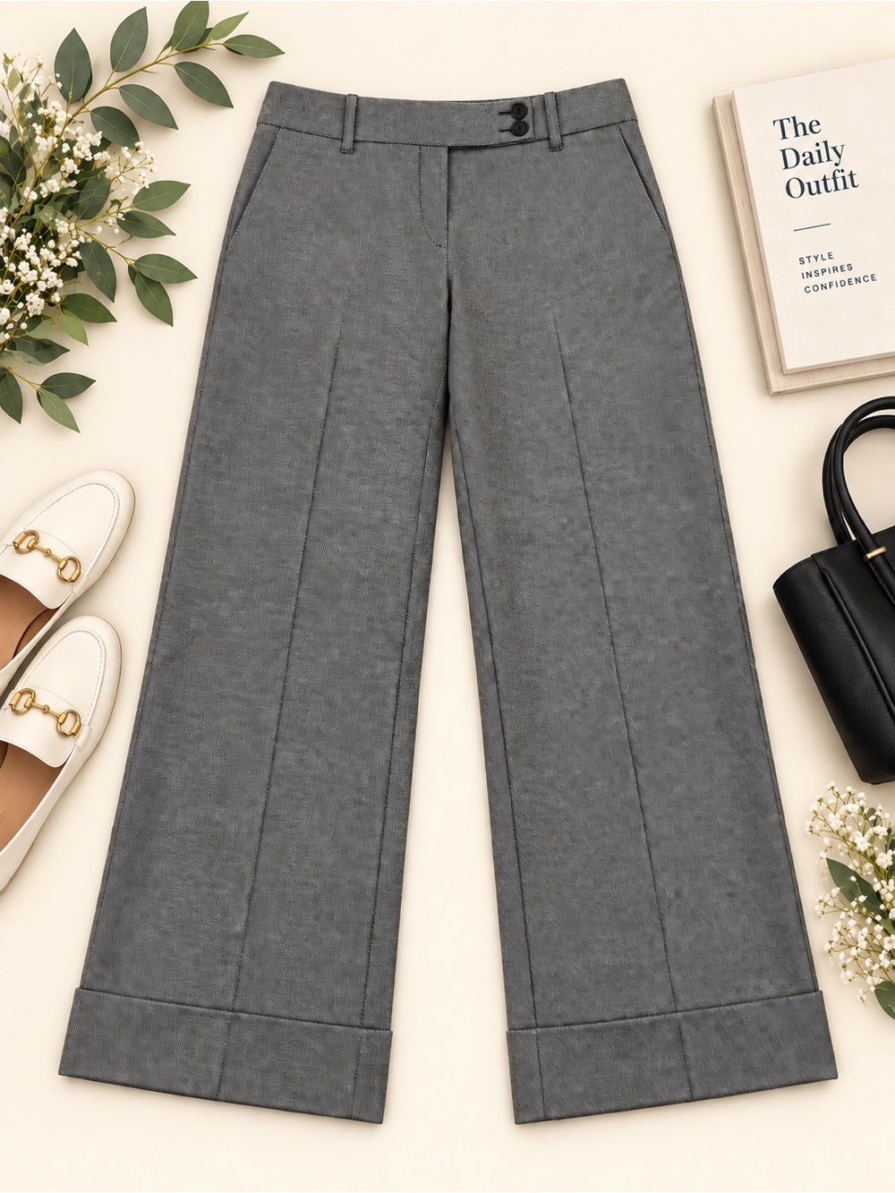 Ann Taylor LOFT Wide Leg Trousers Size 10 Gray Wool Blend Cuffed Dress Pants